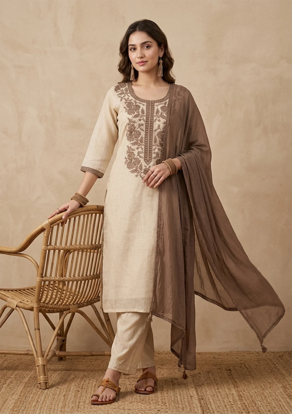 Beige Brown Cotton Threadwork Straight Kurta With Pant Regular And Dupatta